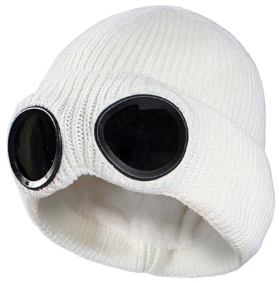 TAGVO Beanie Hat with Windproof Goggles, Winter Unisex Warm Fleece Lined Knit Hat, Thick Skull Cap Winter Woolly Hats for Outdoor Sports, Classic Stretchy Soft Knit Beanie White