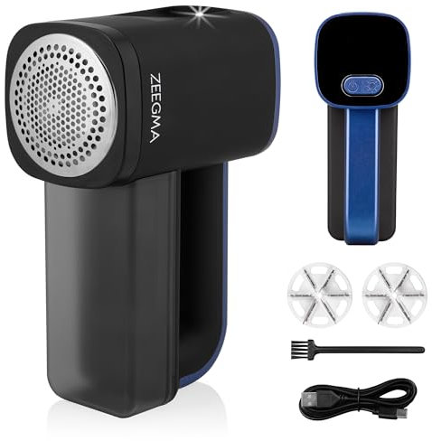 ZEEGMA LINTEE Black Rasoirs Anti-Bouloches Multifilament 5W, 3 Jeux de Lames, 3 Niveaux de Vitesse, Réservoir de 100 g, écran LCD, Batterie 1800 mAh, Rétroéclairage LED, Câble USB C