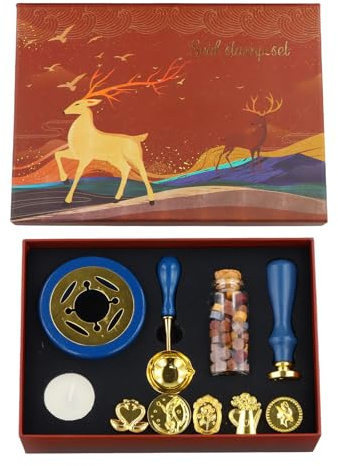 Vaxsigillstämpelkit, sigillvaxpärlor, sigillset med 6 stämpelhuvuden, vaxsigillstämpel, vintage, sigillvaxpärlset, trähandtag, sigill, sked, vitt vax för inbjudningar, kort (B)