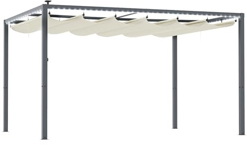 Outsunny Gazebo Pergola 4x3m con Luci LED e 12 Fori di Drenaggio, Pergolato da Giardino in Alluminio e Poliestere 180g/m² con Viti, per Esterno, Giardino, Terrazza e Patio, Protezione UV, Crema