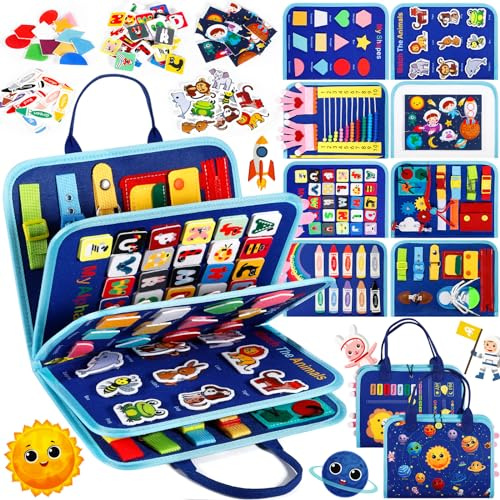 POWZOO Busy Board Montessori,Jouet Cadeau 9 en 1,Planche d'Activités Jouet Éducatif Préscolaire,Activite Livre Sensoriel,pour Apprendre Motricité Fine,Cadeau pour 1 2 3 4 5 Ans Garçons et Filles.