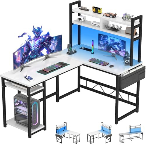 Devoko Schreibtisch l Form Gaming Tisch mit LED,155 x 100 cm Eckschreibtisch Gaming Schreibtisch mit 2 Steckdosen und 2 USB-Anschlüssen, Computertisch mit Aufbewahrung, Rahmen aus Stahl,Weiß