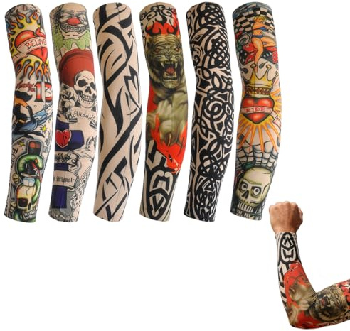 Lot de 6 manchettes de tatouage pour homme, manchettes, tatouage, crème solaire, protection UV pour costume de rockstar, carnaval, Halloween, Noël