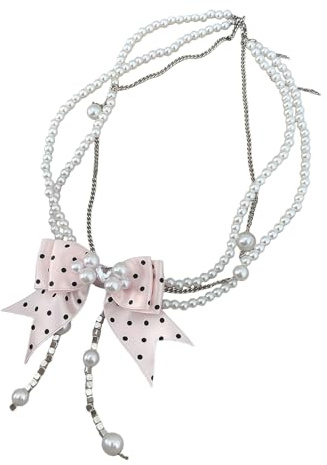 XIOANG Collier de perles avec nœud papillon à pois pour filles