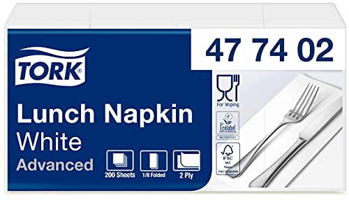 Tork 477402 weiße Lunchservietten 1/8 gefaltet / 2-lagige, vorgefaltete Papierservietten für Snacks oder kleine Gerichte / Advanced Qualität / 10 x 200 (2000) Servietten / 32,6 x 33 cm (B x L)
