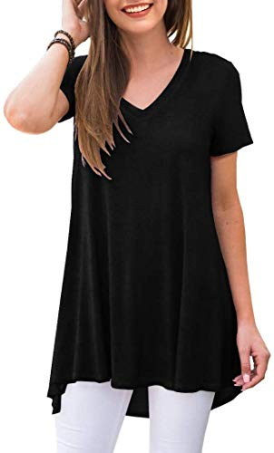 POPYOUNG Women's long Tunic Tops to Wear with Leggings Summer Short Sleeve Loose Fit Dress Shirts M-5XL XL, Black