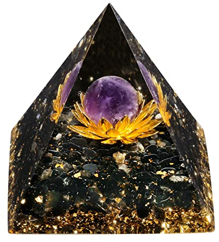 KYEYGWO Amethyst Positive Energie Pyramiden Edelstein mit Lotosblume, Reiki Heilung Kristall Kugel Pyramide Chakra Kristallpyramide Obsidian Ornament für Haus Dekoration Meditation