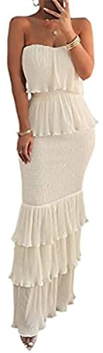Elegante Vestido de la Vaina de Las Mujeres sin Tirantes Vestido lápiz Largo Elegante Vestido de Fiesta Plisada Hem Tiered Vestido Ruffle Floor Length Vestidos de Fiesta (Beige,L)