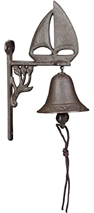 Relaxdays Türglocke Gusseisen, antikes Design, Gartenglocke Schiff, mit Kordel, Glocke für draußen, Wandglocke, braun