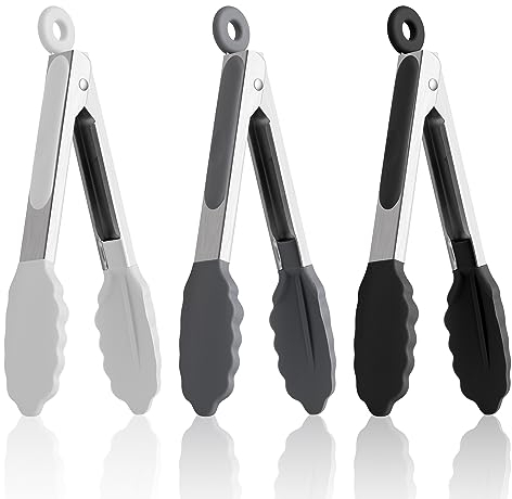 Juego de pinzas, pinzas de cocina con puntas de silicona y mango de acero inoxidable, sirven para parrilla, barbacoa, bufé, ensalada (7, Negro/Gris/Blanco)