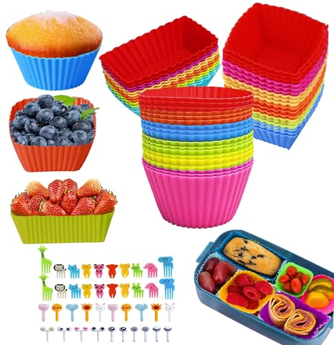 TenMerSly Silikonform Muffins, 48 Stück Wiederverwendbare Muffinförmchen silikon BPA-frei Antihaftbeschichtet, Silikonformen Backförmchen Mit 40 Kuchengabeln für Kuchen Eincreme, mehrfarbig
