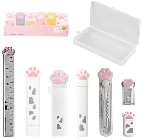 ZWZNBL 9 piezas de papel de carta de garras de gato, dulce juego de papelería, útiles escolares, sacapuntas, goma de borrar, cinta de corrección, notas adhesivas, regla, minitijeras, para niñas (rosa)