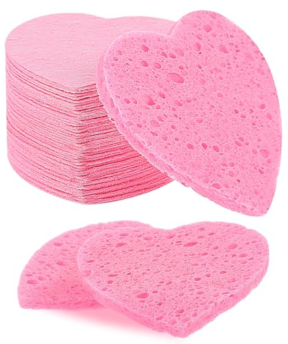 Éponges Comprimées pour le Visage 55 Pièces Éponges Faciales Comprimées en Forme de Coeur Rose Éponges Nettoyantes Naturelles Réutilisables pour Beauté Spa Nettoyage du Visage Démaquillant