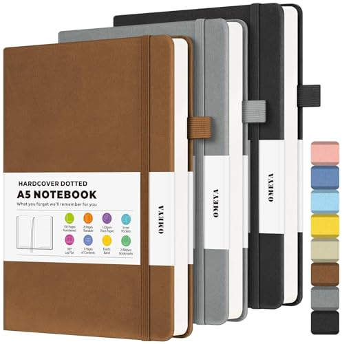 Bullet Dotted Journal Notebook 3 Pack, A5 Dotted Journal with 120gsm Paper, Leather Dotted Notebook, Hardcover Dot Grid Notebook Each with 156 Nmubered Pages, Dot Journal for Women, Men 5.75 × 8.38