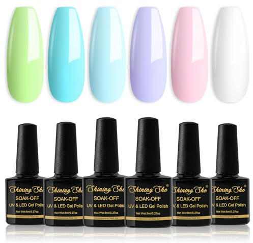 Shining She Smalto Semipermanente Unghie Pastello,6 Colori Estate Macarone Smalti Semipermanenti per Unghie Soak-Off UV/LED,Rosa Chiaro Azzurro Chiaro Verde Chiaro Bianco Viola Pallido,8ML