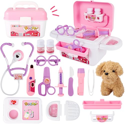 HYAKIDS Tierarztkoffer Arztkoffer Kinder mit Hund Spielzeug, Tierarzt Spielzeug Kinder, Doktorkoffer Spielset Praxis Rollenspiele für Mädchen Junge ab 3 Jahre