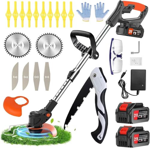 Desbrozadora Bateria, Alta Capacidad 21 V 2.0Ah Batería, Desbrozadora Electrica, 3 en 1, Cortabordes Bateria, Altura Ajustable y Cabeza giratoria a 90°, para el Corte de Jardines, césped y Villa