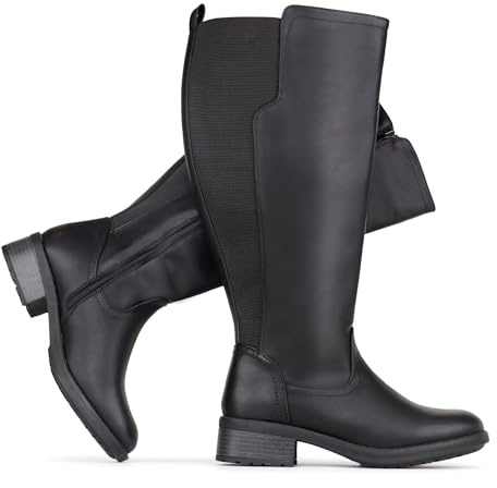 Chicblooms Women's Extra Wide Calf Knee High Boots with Side Zipper and Stretch Panel, Black PU, 6.5 M US