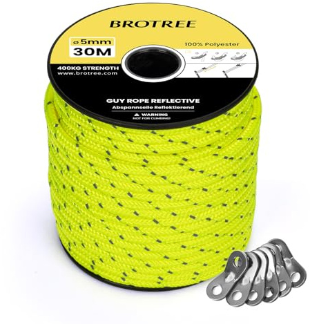 Brotree Campingrep 5mm 30m Reflekterande Tältspännlinor Vindtät Tält Guide Rep med 6 St Aluminiumspännare för Camping Tent Markis Gazebo (Neongul)