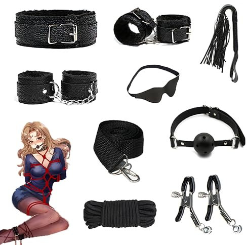 Quintrost Bondage Kit 8 Pezzi SM Bondage Set, Erotico Giocattoli Sessuali Set per Principianti, Sex Toys Sex Restraint Set per Coppie con Manette Maschera Occhi Morsetti Capezzoli (Nero)