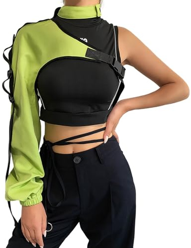 KBOPLEMQ Crop top gothique pour femme - Pull punk avec fermeture éclair - Coupe ajustée - Couleur unie - Clubwear - Streetwear Y2K - Manches longues - Boucle - T-shirt irrégulier, O Vert., taille