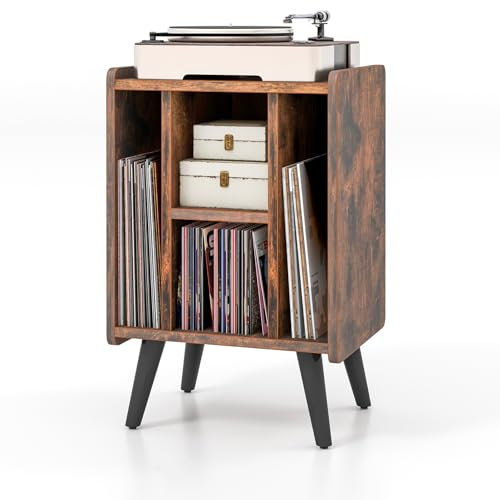 KOMFOTTEU Supporto per Giradischi in Vinile con Stazione di Ricarica, 4 Scomparti Aperti, Mobile Giradischi Potato 90kg, Espositore per Dischi per Ufficio, Soggiorno, 43 x 34,5 x 67,5 cm (Marrone)