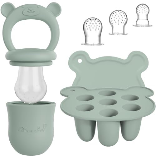 Baby Fruchtsauger & 3 Schnuller mit Eisform Set - Grüner Silikon Nahrungsschnuller mit Beißring, Fruchtschnuller für Obst & Gemüse, Eiswürfelform mit Deckel - Broemba®
