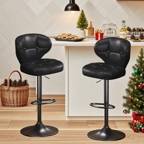 Timbertouch Bar Stools Set of 2, Adjustable Swivel Bar Chairs with Backrest and Footrest, Modern PU Leather Upholstered Counter Height Stools for Kitchen Island, Bar, Dining Room Black
