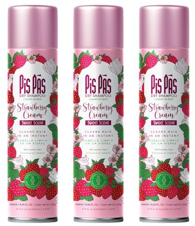 PisPás Pack de Champú en Seco Strawberry Cream - Set de 3 Unidades para un Cabello Fresco y Voluminoso al Instante, Ideal para Uso Rápido y Diario.