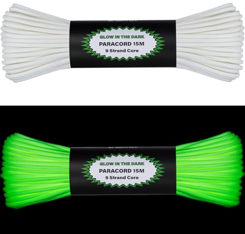 Brotree Lysande Paracord 550 4mm 15M Lyser i Mörkret Sladd 9 Trådar | Svart, Självlysande Paracordsnöre, 100% Nylon, UV-beständighet, För Armband, DIY, Tältrep, Camping