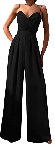 Sommar rygglös overall dam – jumpsuits dambyxor ärmlös lekdräkter V-ringning remmar bodysuit bred enfärgad sparkbyxor chic eleganta hängselbyxor för kväll, bröllop, ceremoni, fest, svart, XXL