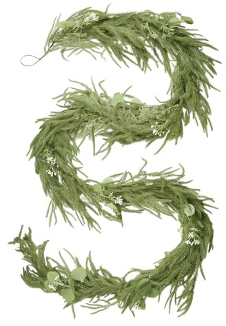 9FT Realistic Christmas Garland, PE Real Touch Norfolk Pine Christmas Garland with Pinecones & Red Berries,Faux Wreath Decor for Mantle,Table,Window,Staircase,ndoor & Outdoor Decoration (9FT)