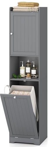 GIANTEX Armoire de Salle de Bain Haute et Étroite, Étagère Ajustable, Sac à Linge Amovible de 48 L, Poignées Pratiques, Dispositif Anti-Basculement, pour Cuisine Salon, 40 x 40 x 170 cm