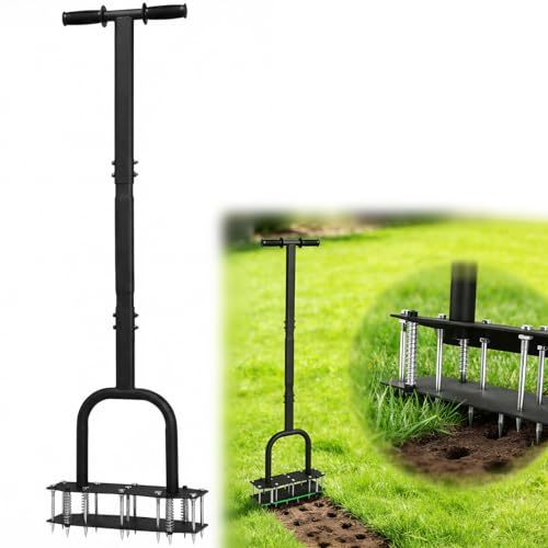 JKOKPMG Aireador De Césped Manual,Aireador de Césped con 2 Filas Y 11 Púas De Acero,Escarificador Cesped Manual Ajustable en Altura para Cuidado del césped Patio Jardín