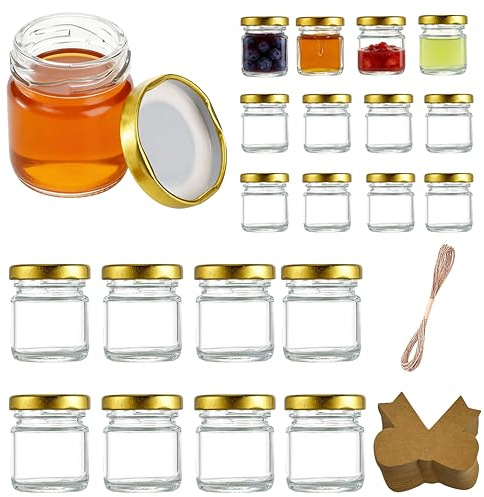 Ksnowqi 20 Pièces 50ml Mini Pots à Miel en Verre, Mini Pot Confiture avec Couvercle, Mini Bocaux en Verre Transparent, Petit Pot de Miel pour épices, Cadeaux de Fête de Mariage