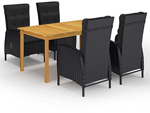 RMIHSJG Set da pranzo da giardino nero in legno di acacia e rattan PE con tavolo da pranzo e 4 sedie da pranzo inclusi cuscini, gruppo di mobili da esterno resistente alle intemperie per terrazza e