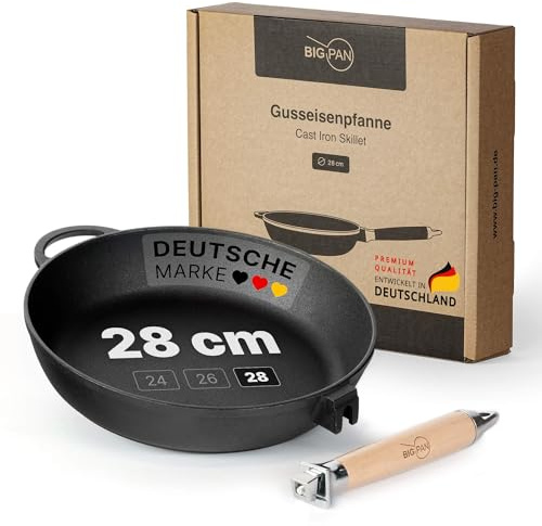 Premium Gusseisenpfanne Induktion 28 cm Pfanne Gusseisen UNBESCHICHTET sandgestrahlt universell Cast Iron Pan für alle Herdarten kratzfest Bratpfanne backofenfest Gusspfanne Eisenpfanne