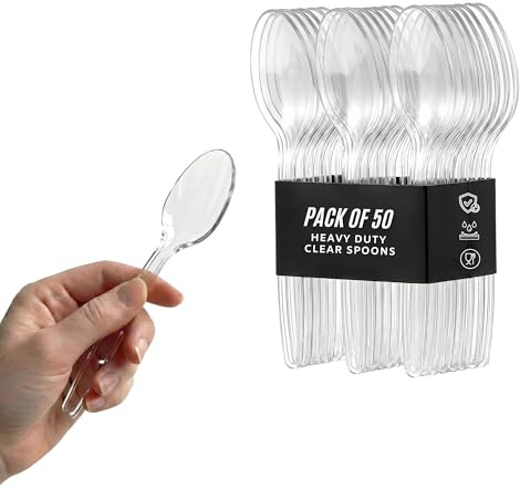 Pack of 50 Reusable Plastic Spoons – Washable Clear Plastic Teaspoons for Soup & Dessert, Heavy Duty Cutlery Set for Meals & Everyday Use