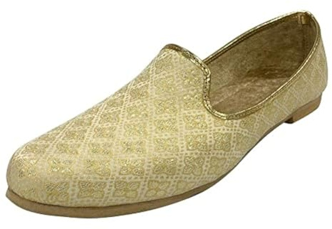 Mens Ethnic Designer Punjabi Jutti for Men Cream Gold Shoes Wedding Khussa Traditional Handmade Loafers, 11.5