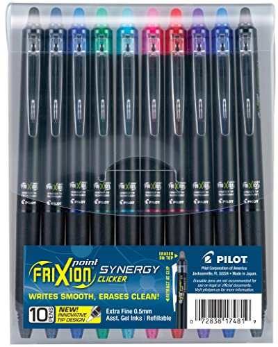 PILOT FriXion Synergy Clicker Erasable, Refillable & Retractable Gel Ink Pens, Extra Fine Point, Assorted Ink Colors, 10-Pack (17481)