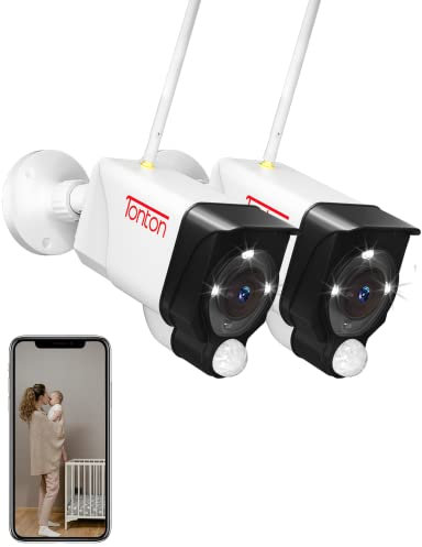 Tonton Überwachungskamera, 3 MP, WLAN, Überwachungskamera, Flutlicht, Nachtsicht, PIR-Bewegungserkennung mit Sirene und E-Mail-Benachrichtigungen, SD-Kartenschlitz, Arbeits-NVR-Recorder (2 Stück)