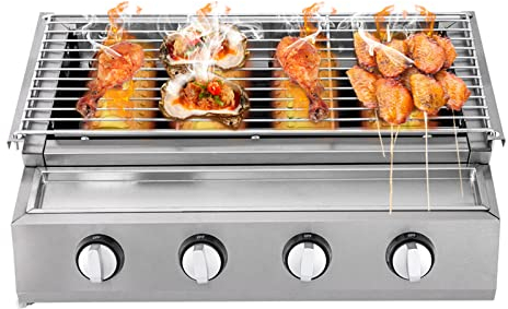 Barbacoa de gas de acero inoxidable, 4 llamas, barbacoa, sin humo, horno de gastrogrill de carne, barbacoa de gas, barbacoa de gas LPG, quemador de gas, parrilla de jardín, altura ajustable