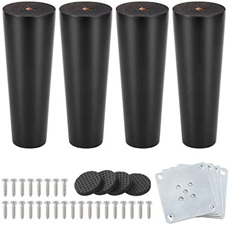 Knpwer 4 Stück 15cm Möbelfüße Holz Möbelbeine, Massivholz Beine Aus Eiche für Stühle Schrank Sofa Bett Couch, mit Montageplatten, Schrauben und Filzgleiter (Schwarz)