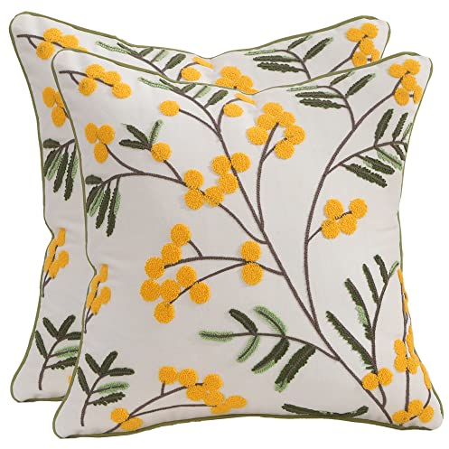 Tosleo Fundas de almohada decorativas de 18 x 18 pulgadas, paquete de 2 fundas de almohada bordadas de espino amarillo con frutas y espino amarillo, fundas de almohada de algodón para decoración del