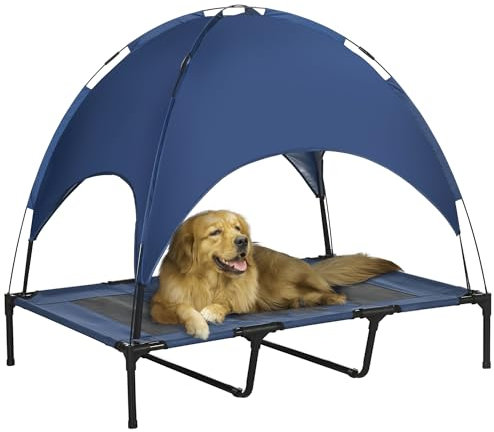 PawHut 122cm Elevated Dog Bed Cooling Raised Pet Cot UV Protection Canopy Blue