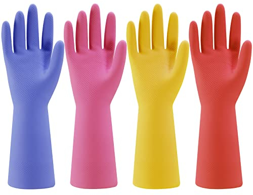 Lot de 4 paires de gants de cuisine en caoutchouc colorés réutilisables pour laver la vaisselle et les tâches de nettoyage, flexibles, durables et antidérapants (taille M, bleu + rose + jaune + rouge)