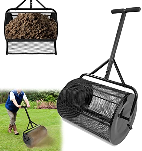 XMTECH Kompoststreuer Gartenstreuer Torfmoosstreuer Metall-Netzkorb Düngerstreuer Schiebe-Streuer mit Schwamm T Griff, 80L Kompost-Streuer für Rasen und Garten, Ø40 x 65 cm