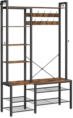 VASAGLE Hall Tree with Bench and Shoe Storage, Hallway Coat Rack with Shoe Bench and 5 Storage Shelves, 9 Coat Hooks and 6 Side Hooks, 140 x 120 x 190 cm, Vintage Brown and Ink Black HSR426B01