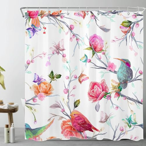 LB Ästhetisch blumig Duschvorhang 240x175cm Vogel auf rosa Blumenbaum Antischimmel Wasserdicht Badezimmer Vorhänge, Frühlingslandschaft Weiß Extra Breit Polyester Stoff Bad Vorhang mit Haken