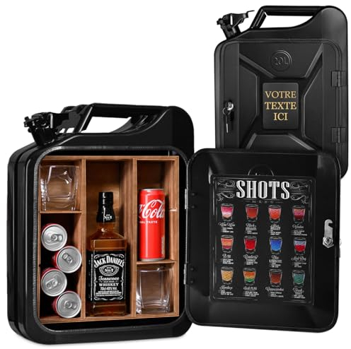 Maverton Bidon Mini Bar Personnalisé Jerry Can - Cadeau Homme Personnalisé - Jerrican pour Couple - Cadeau Anniversaire Femme - Porte-Boissons avec Menu des Shots et Plaque Gravée - Divers Motifs